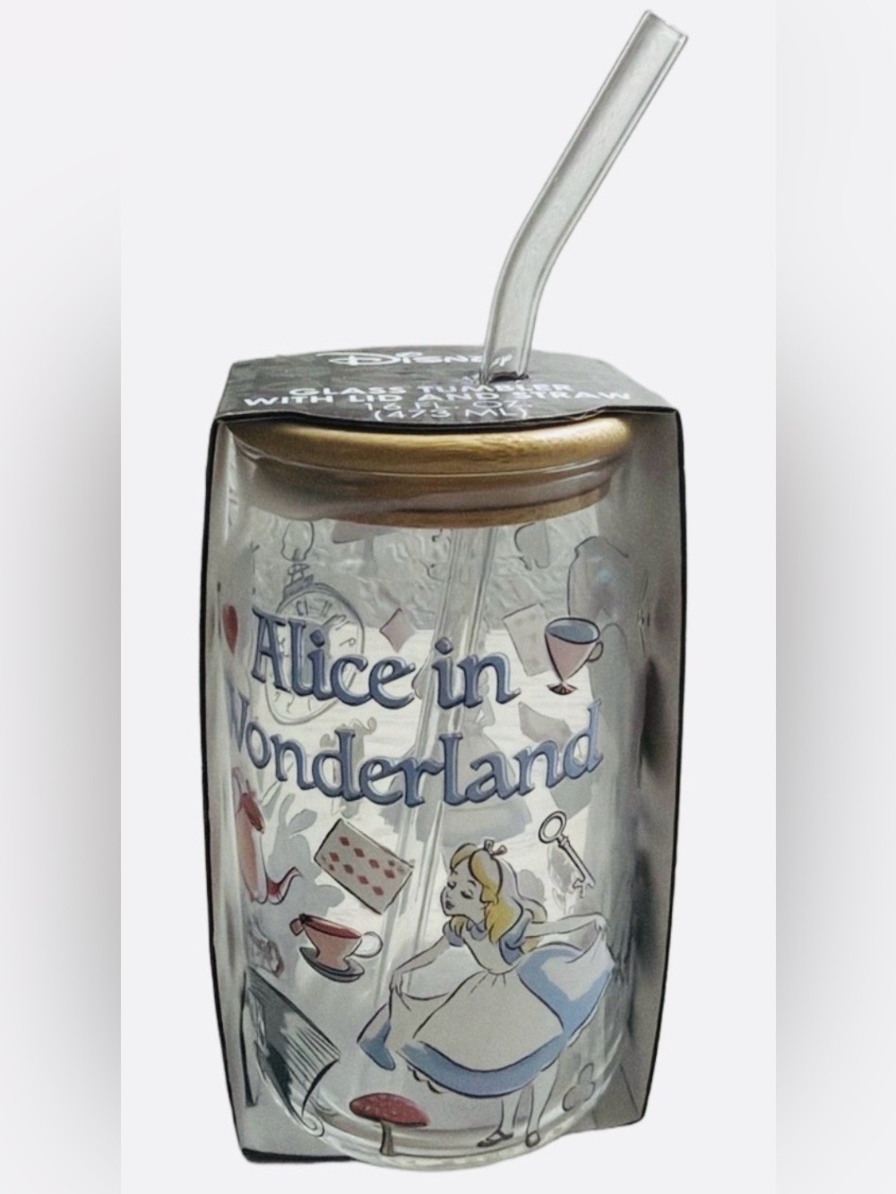 Disney Alice in Wonderland Glass Tumbler Bamboo Lid Glass Straw 16 oz NWT